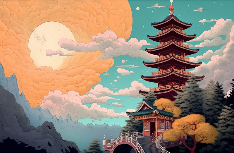 升起的太阳照耀在古塔上中国风建筑古典插画背景,插画/手绘图,插画/手绘图库,插画/手绘图下载,插画/手绘
